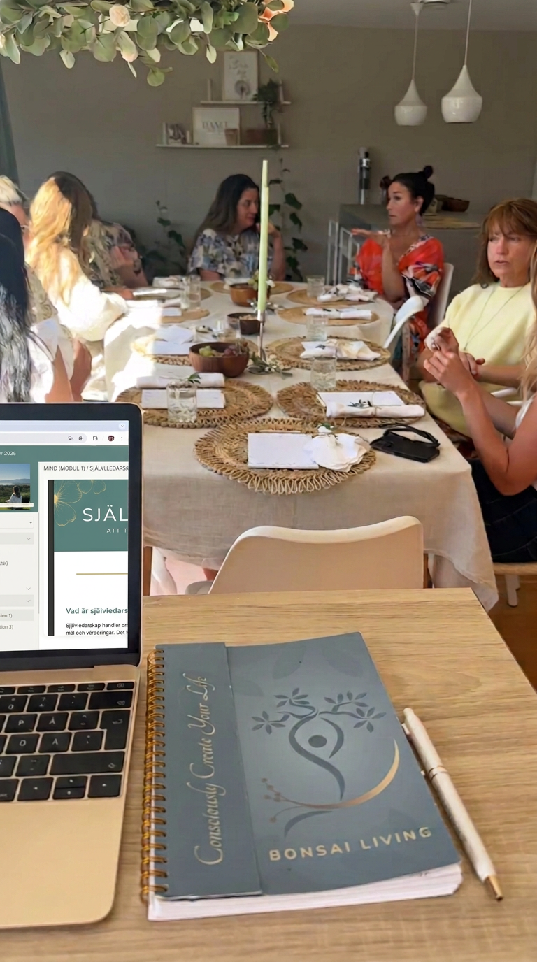 Workshop med Bonsai Living – laptopskärmen visar kursportalen Be the Dream med tolv lektioner